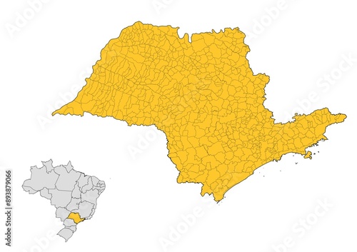 Obraz na płótnie Mapa del estado de São Paulo con delimitaciones municipales en Brasil w salonie
