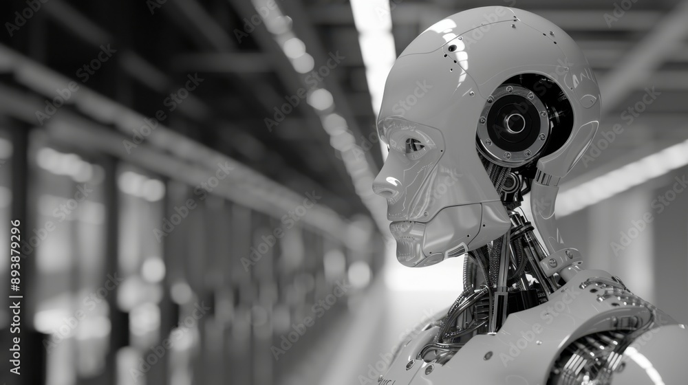 The image portrays a futuristic scene of a robotic worker in an industrial data center setting. The image portrays a futuristic scene of a robotic worker in an industrial data center setting.