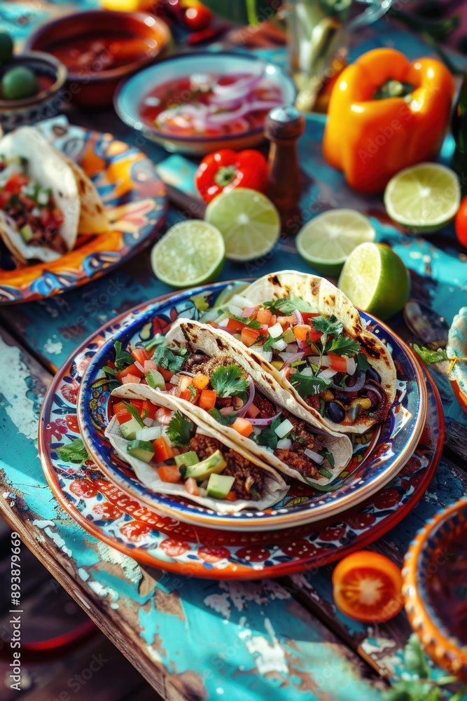 Delicious tacos served on colorful plates with vibrant toppings, indicative of traditional Mexican flavors and outdoor dining experience. Delicious tacos served on colorful plates with vibrant toppings, indicative of traditional Mexican flavors and outdoor dining experience.