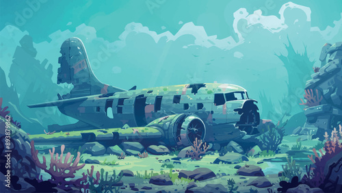Sunken Military Aircraft at Bottom of Sea Cartoon Environment Adventure Mobile Game Underwater Exploration Oceanic Wreckage Discovery Illustration