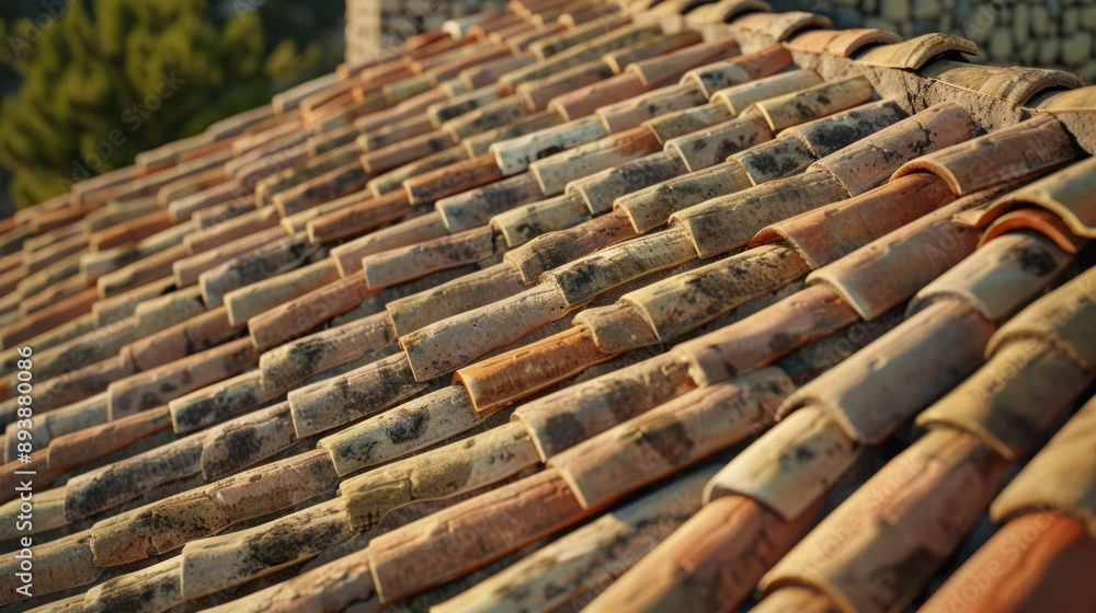 Close up of terracotta roof tiles bathed in warm sunlight Close up of terracotta roof tiles bathed in warm sunlight