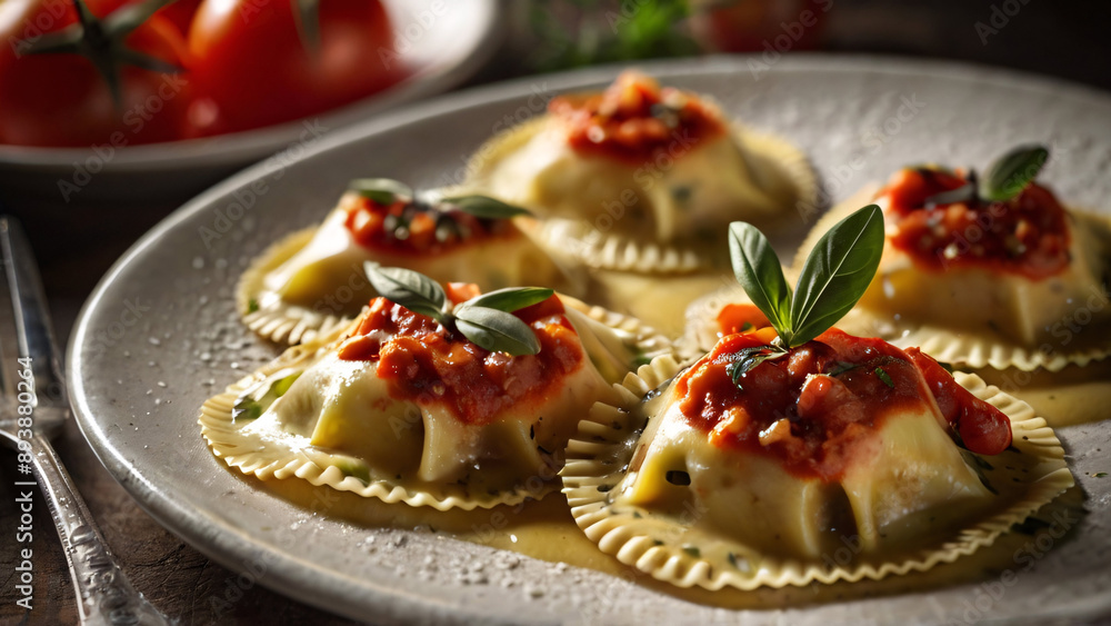 Fresh ravioli served with a rich tomato or sage butter sauce, Italian, homemade, gourmet Fresh ravioli served with a rich tomato or sage butter sauce, Italian, homemade, gourmet