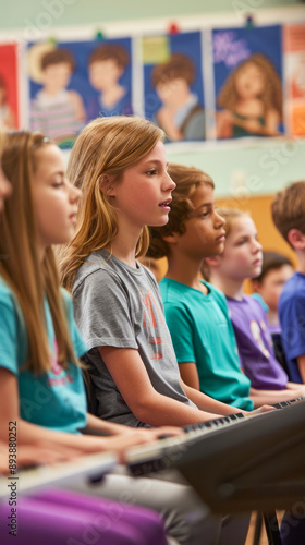 Children learning music in classroom with keyboards and focus