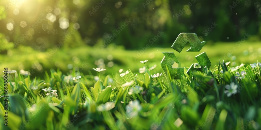Eco friendly recyclation concept. 3d rendering of green recycle icon on fresh spring meadow, with copy space Eco friendly recyclation concept. 3d rendering of green recycle icon on fresh spring meadow, with copy space