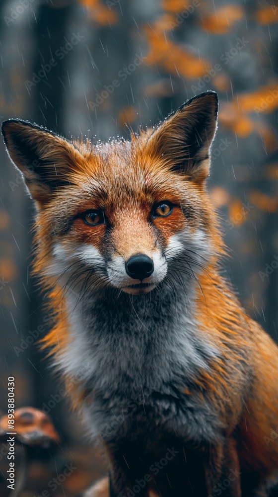 Close-up red fox standing rain autumn leaves background intense gaze Close-up red fox standing rain autumn leaves background intense gaze