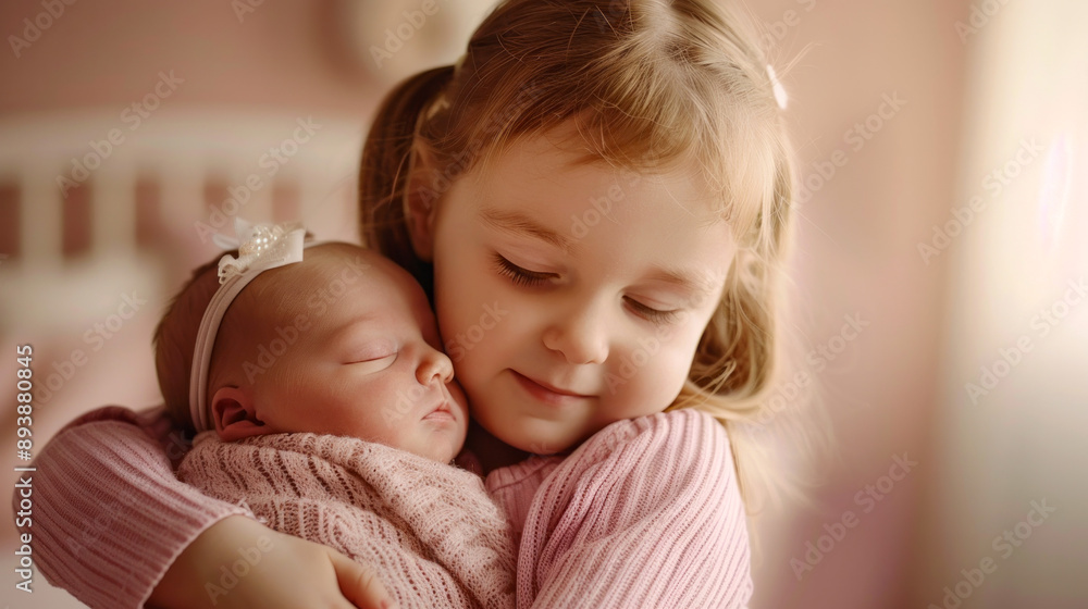 Heartwarming moment of older sister lovingly holding newborn baby sister Heartwarming moment of older sister lovingly holding newborn baby sister
