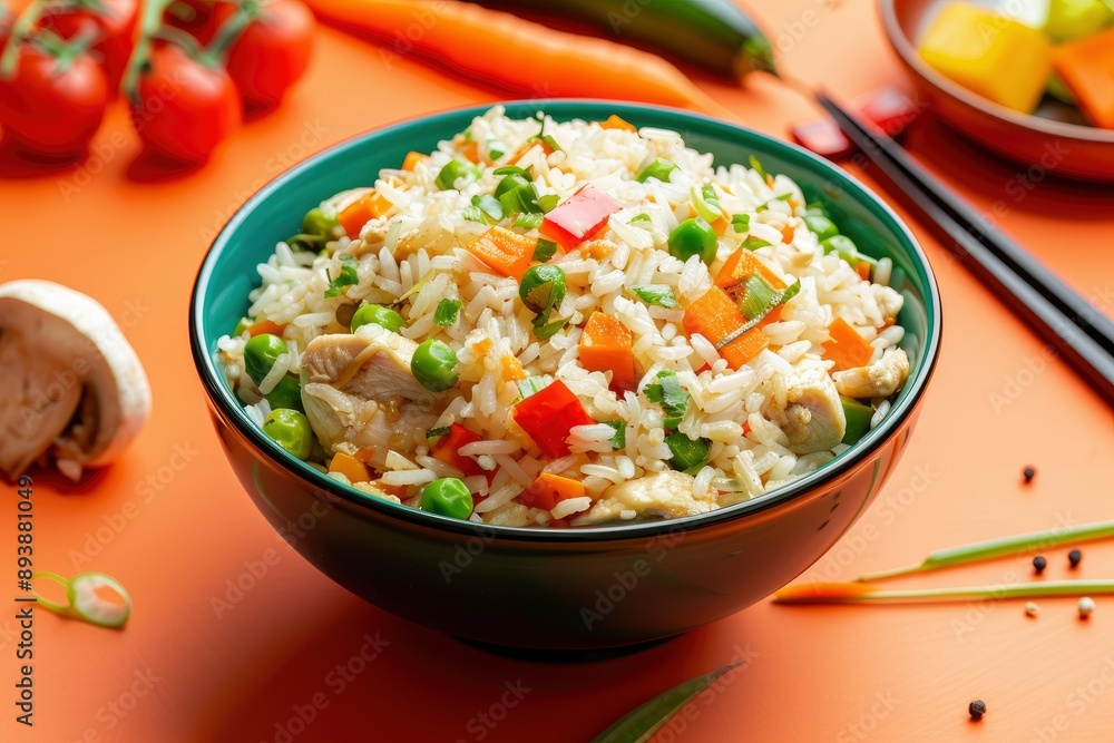 Delicious Chicken Fried Rice Yakimeshi in Bowl with Fresh Vegetables on Orange Background - generative ai Delicious Chicken Fried Rice Yakimeshi in Bowl with Fresh Vegetables on Orange Background - generative ai