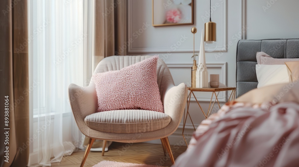 Modern chair with pink pillow in bedroom with pastel bedsheets Modern chair with pink pillow in bedroom with pastel bedsheets
