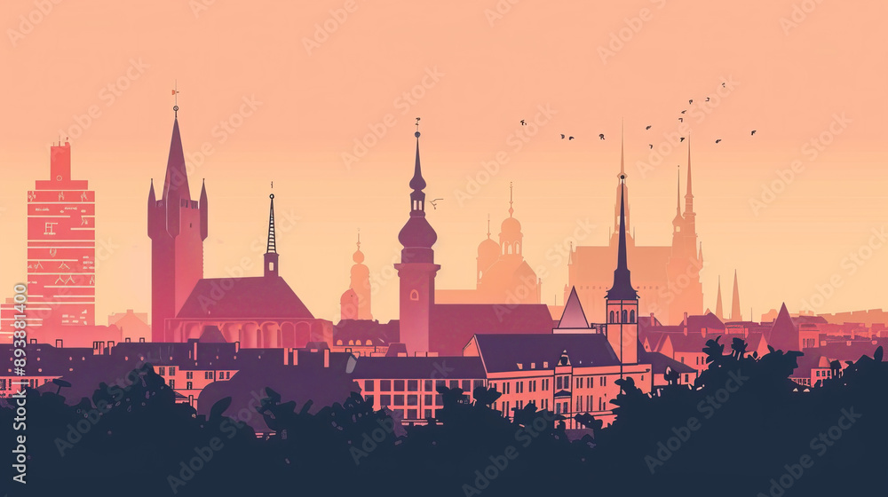 Fototapeta premium Risograph stencilled riso print travel poster, card, wallpaper or banner illustration, modern, isolated, clear, simple of Tallinn, Estonia