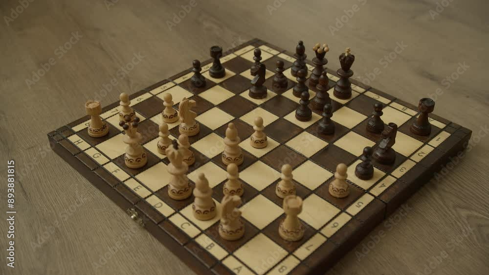 Chessboard with Wooden Pieces Mid-Game Chessboard with Wooden Pieces Mid-Game