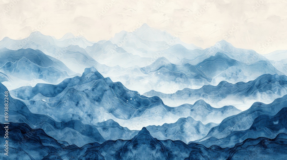 Fototapeta premium A watercolor depiction of a serene mountain range painted in shades of blue evokes a sense of tranquility and wonder