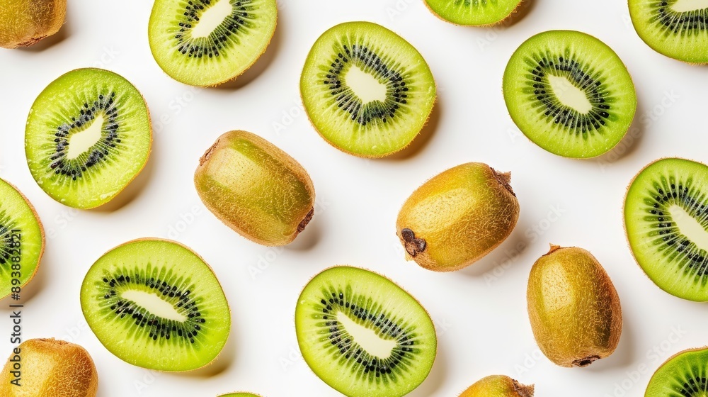 Fototapeta premium A repeating pattern of whole and sliced kiwis, with alternating green and golden varieties, high-resolution photo, realistic photo, hyper realistic