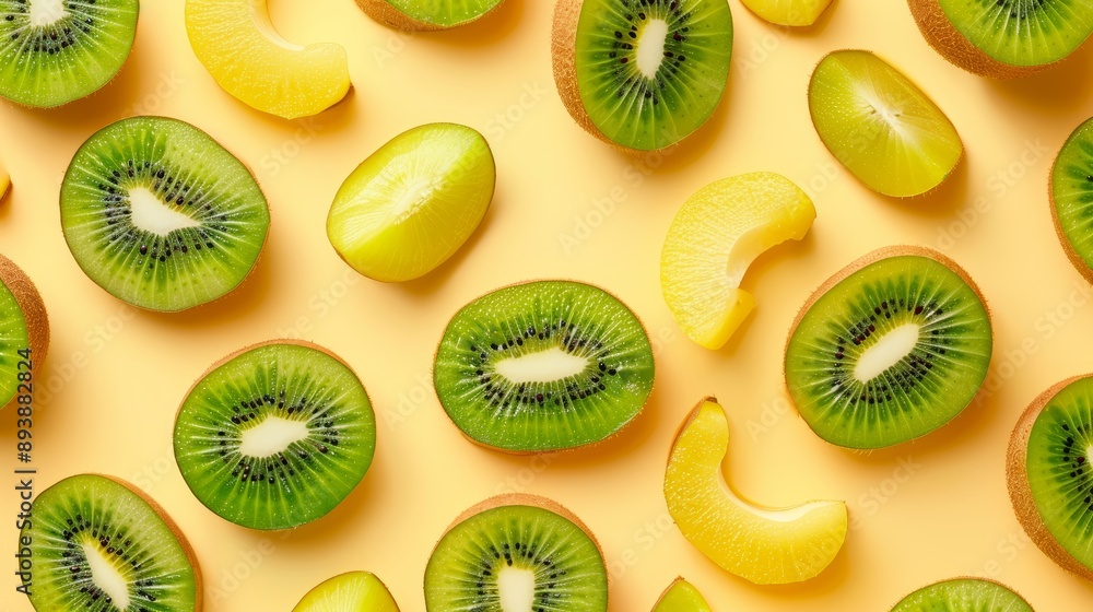 Fototapeta premium A repeating pattern of whole and sliced kiwis, with alternating green and golden varieties, high-resolution photo, realistic photo, hyper realistic