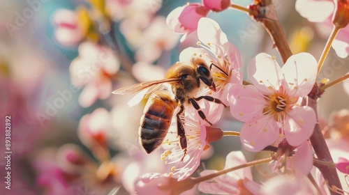 Bee gathering pollen and nectar on pink flower for making honey in hive photo