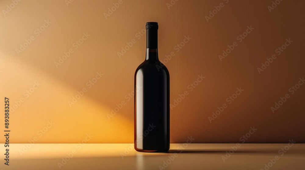 A bottle of wine is sitting on a table in front of a wall A bottle of wine is sitting on a table in front of a wall