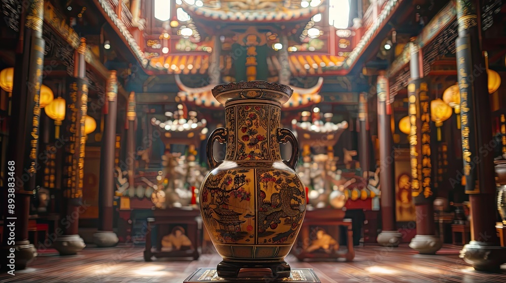 Fototapeta premium Millennial Chinese vase, decorated with beautiful colors, inside a majestic temple.