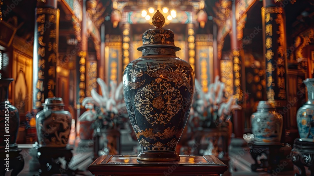 Fototapeta premium Millennial Chinese vase, decorated with beautiful colors, inside a majestic temple.