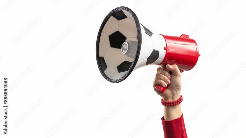 Naklejka premium Hand holding soccer-themed megaphone with copy space