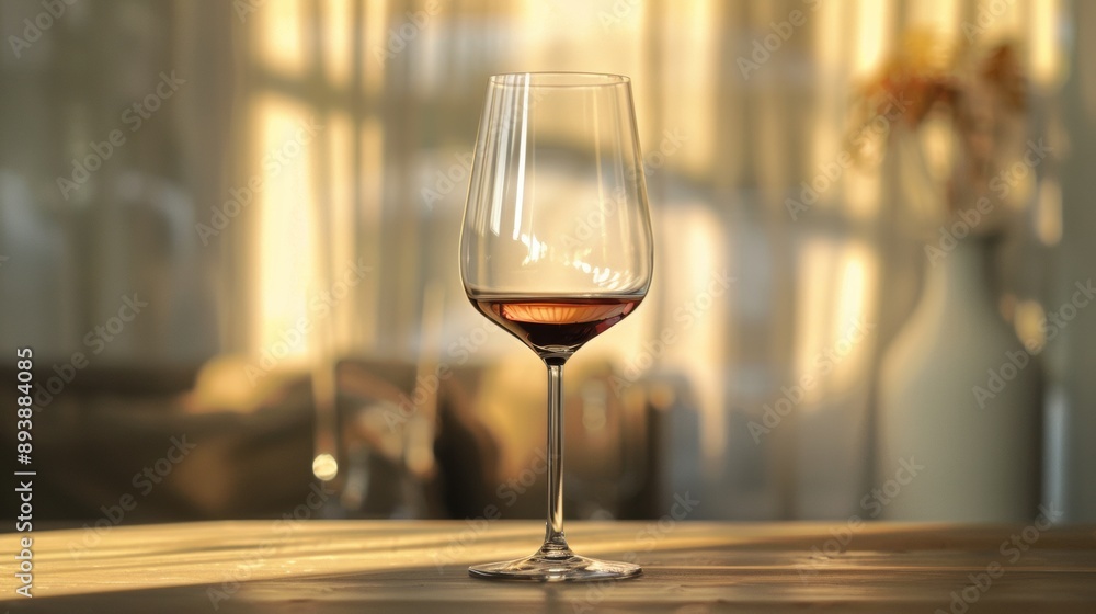 A wine glass is sitting on a table in a room with a vase of flowers in the backg A wine glass is sitting on a table in a room with a vase of flowers in the backg