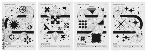 Brutalist style vector minimalistic Posters with silhouette basic figures, Retro futuristic graphic elements of geometrical shapes rave composition, Modern monochrome print artwork, set 68