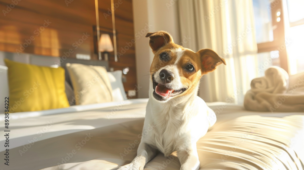 A playful dog lies on a comfortable bed, bathed in the golden glow of sunlight streaming through the window in a cozy room. A playful dog lies on a comfortable bed, bathed in the golden glow of sunlight streaming through the window in a cozy room.