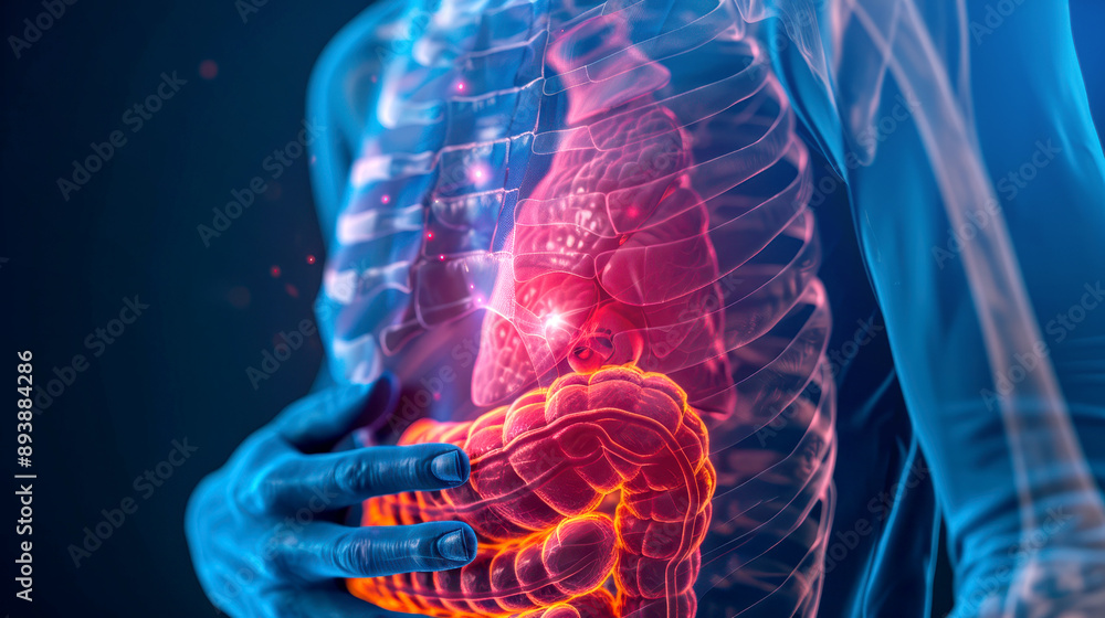 3D illustration of a human body with highlighted digestive system, focusing on stomach and intestines. Concept of medical health and anatomy. 3D illustration of a human body with highlighted digestive system, focusing on stomach and intestines. Concept of medical health and anatomy.