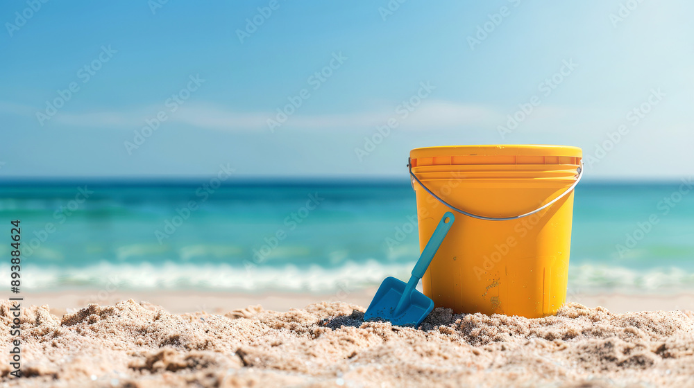 A vibrant yellow bucket and spade on sandy beach with blue ocean and clear sky background, perfect for summer, travel, and vacation themes. A vibrant yellow bucket and spade on sandy beach with blue ocean and clear sky background, perfect for summer, travel, and vacation themes.