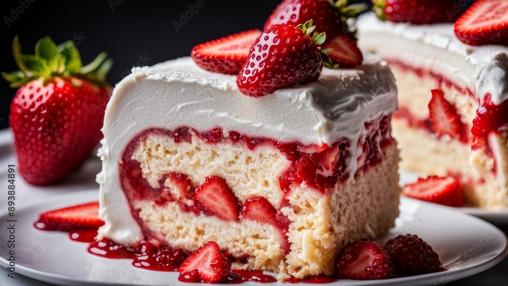 Strawberry sponge roll decorated with fresh strawberries. Strawberry sponge roll decorated with fresh strawberries.