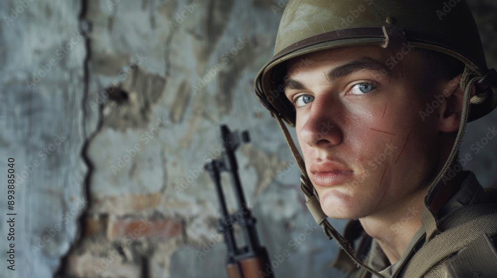 Fototapeta premium A young soldier with scars on his face and wearing a helmet, positioned against a rugged, stone background, reflecting resilience and bravery.