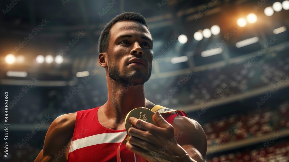 Fototapeta premium A man holding a gold medal in a stadium