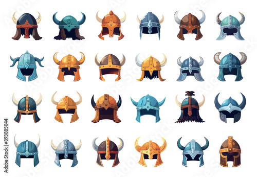 Viking Helmets Icon Set Simple Vector Cartoon Style White Background Norse Warrior Headgear Horned Helmet Illustrations Scandinavian Culture Historical Armor Graphic Design Elements
