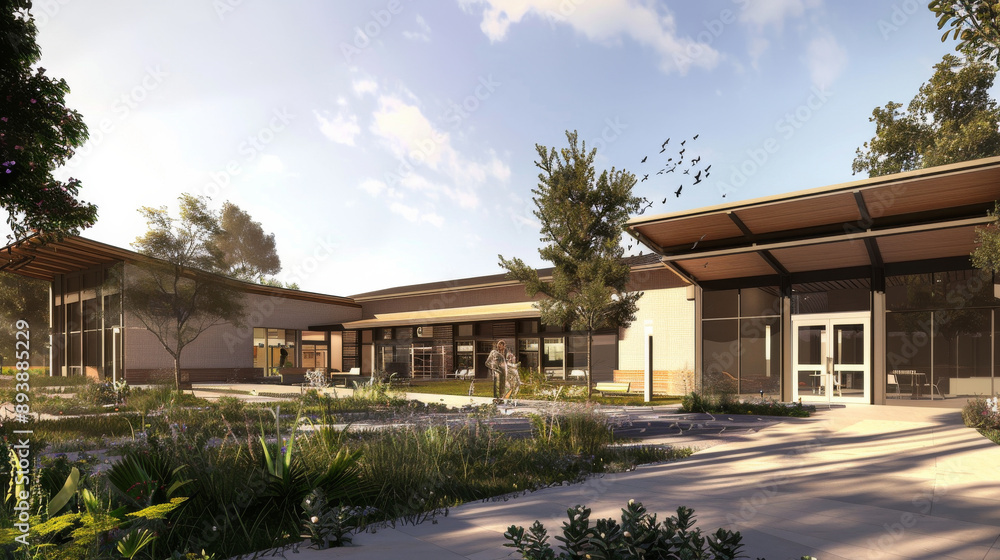 A modern architectural building nestled in a serene environment with lush greenery and a pathway bathed in warm, natural sunlight. A modern architectural building nestled in a serene environment with lush greenery and a pathway bathed in warm, natural sunlight.