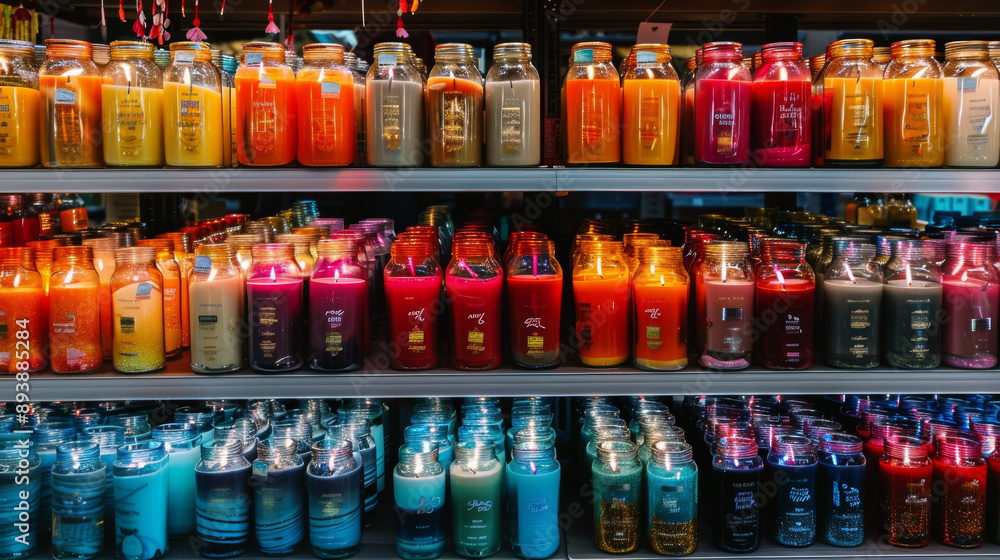 Rows of colorful candles in glass jars create a captivating, cozy scene, capturing the warmth and variety of scented jars. Rows of colorful candles in glass jars create a captivating, cozy scene, capturing the warmth and variety of scented jars.