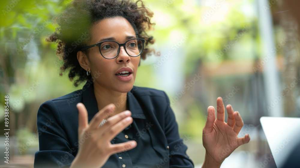 A woman speaking thoughtfully, her gestures and expression demonstrating her passion within a bright and natural environment. A woman speaking thoughtfully, her gestures and expression demonstrating her passion within a bright and natural environment.