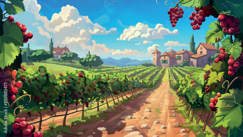 Vineyard Landscape Cartoon Environment for Adventure Mobile Game Scenic Vineyards Rolling Hills Grape Vines Adventure Wine Country Countryside Lush Greenery Farming Scene