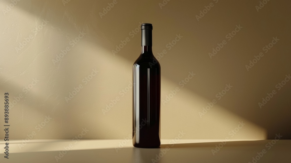 A bottle of wine is sitting on a table in front of a wall A bottle of wine is sitting on a table in front of a wall