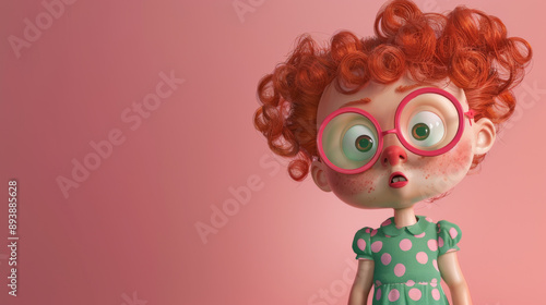 An animated girl with vibrant red hair, large glasses, and a shocked expression stands against a pale pink background, full of character and whimsy.