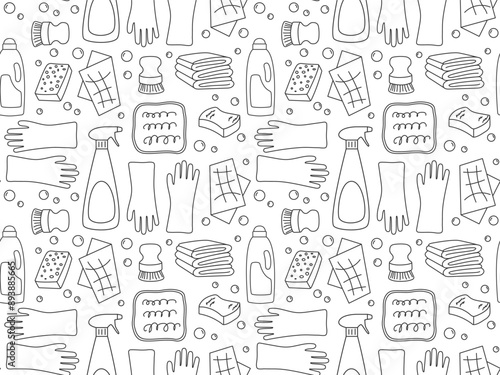 Doodle Cleaning elements seamless pattern. Black and white illustration. Outline drawn Sponge, brush, spray, gloves, bubbles. Cleaning service Background. Spring clean elements in sketch style 