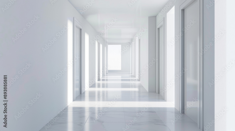 A bright, modern corridor with white walls and doors reflecting sunlight, creating an airy and futuristic atmosphere. A bright, modern corridor with white walls and doors reflecting sunlight, creating an airy and futuristic atmosphere.