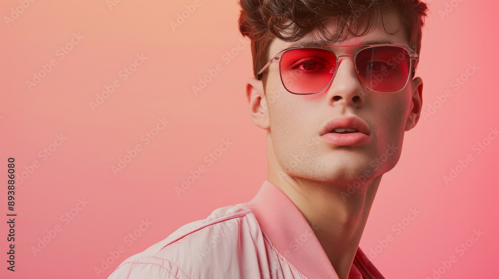 A young man in trendy pink attire and red-tinted sunglasses exudes cool confidence against a vibrant gradient background of warm pink hues. A young man in trendy pink attire and red-tinted sunglasses exudes cool confidence against a vibrant gradient background of warm pink hues.