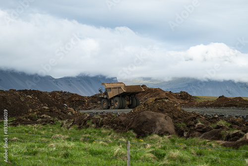 Dump truck at a construction site in the countryside of Iceland.