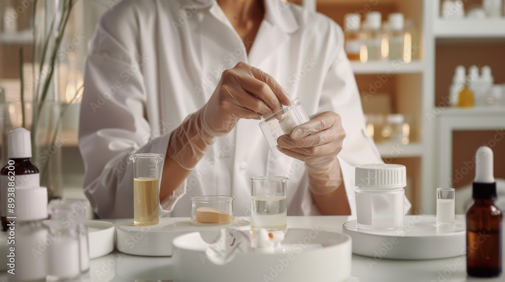 A focused scientist in a lab coat pours a clear liquid into a glass container, surrounded by various jars and instruments in a clinical laboratory. A focused scientist in a lab coat pours a clear liquid into a glass container, surrounded by various jars and instruments in a clinical laboratory.