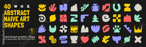 Collection of various hand drawn bizarre abstract geometric unusual shapes, forms in matisse art style, Childish freehand aesthetic, Vector naive doodle primitive object and graphic elements, set 1