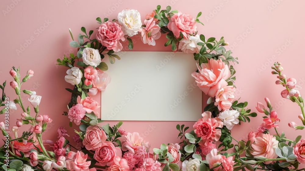 Obraz premium A blank card surrounded by pink and white flowers on a pink background