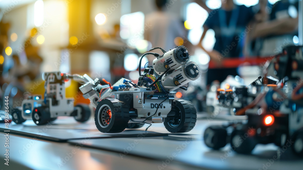 Fototapeta premium Robots on display in a tech exhibit hall, intricate and varied, showcasing innovation, engineering prowess, and futuristic design.