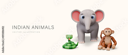 Vector poster with realistic Indian animals. Group of characters on yellow background