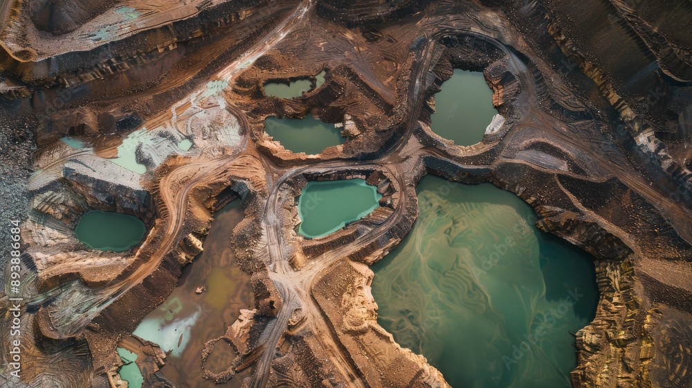 Fototapeta premium Aerial view of an expansive mining site with striking patterns and contrasting blue-green water ponds.