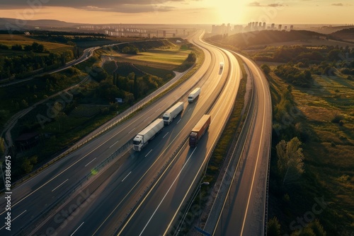 Aerial view of trucks driving on a highway at sunset, surrounded by lush green fields and distant cityscape