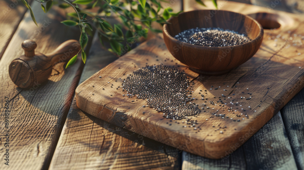 A wooden cutting board adorned with chia seeds placed next to a small wooden bowl on an outdoor table, dappled with sunlight. A wooden cutting board adorned with chia seeds placed next to a small wooden bowl on an outdoor table, dappled with sunlight.