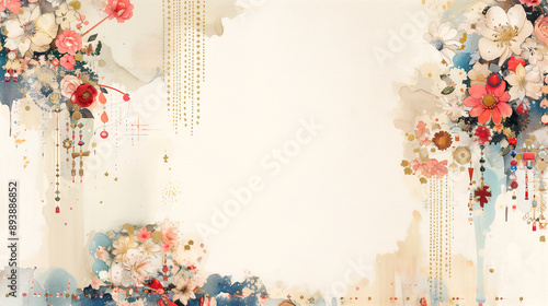 Fototapeta Naklejka Na Ścianę i Meble -  Beautiful elegant vintage floral background with flowers in shades of blue, red, and white, in a traditional oriental style, for a holiday or a ceremony in Asia, space for a text